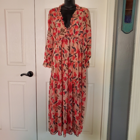 Shein Floral Maxi Dress Pleated Edges Layered Chiffon Evening Cocktail Medium - Picture 2 of 11